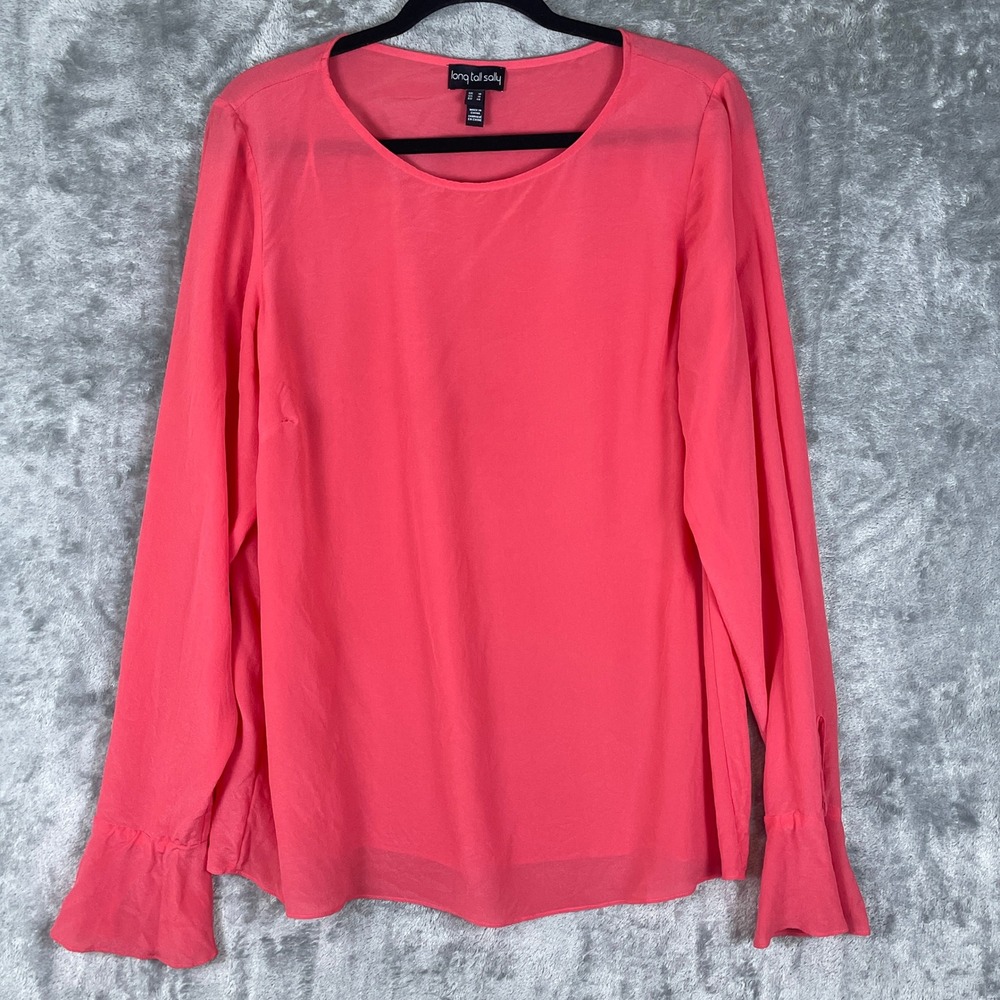 Long Tall Sally Silk Blouse Womens 14‎ Coral Pink Good Ruffle Cuff Tall Top